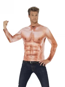 Image is of a person wearing a realistic printed fake muscle t shirt.