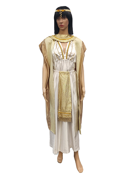 Image shows a mannequin dresses as Cleopatra or an Egyptian Pharaoh in gold and white.