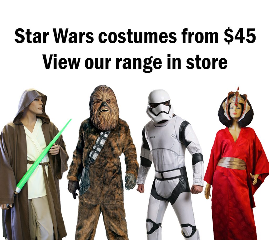 image shows part of the selection of Star Wars costumes available from Acting the Part in Carlingford, Sydney. May the 4th