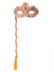 Image shows a rose gold mask on a stick from Acting the Part in Carlingford