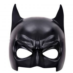 Image shows a black plastic half face batman style mask