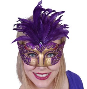 Purple and gold masquerade party mask available from Acting the Part in Carlingford Sydney