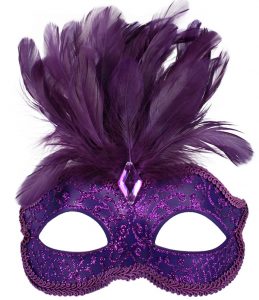 Image is of a puple eyemask with feathers