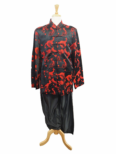 Image shows a mannequin wearing a red and black Chinese style jacket