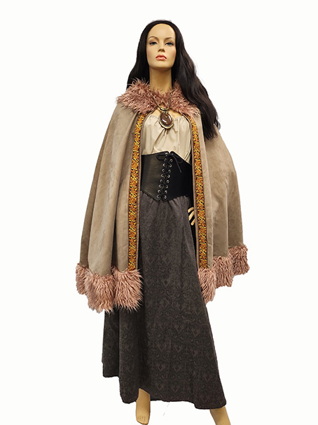 Image is of a mannequin dressed in a Viking style costume with fur trimmed cape and lace up belt