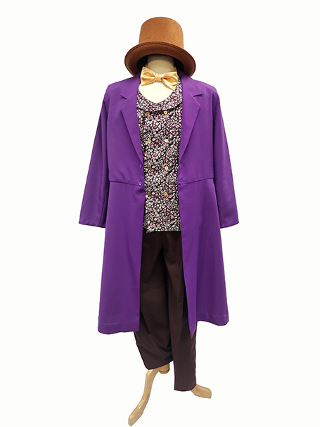 Image shows a mannequin wearing a Gene Wilder inspired Willy Wonka costume