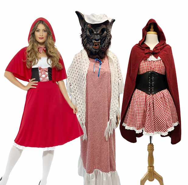 Picture shows a selection of Red Riding Hood costumes with a Grandma Wold costume.