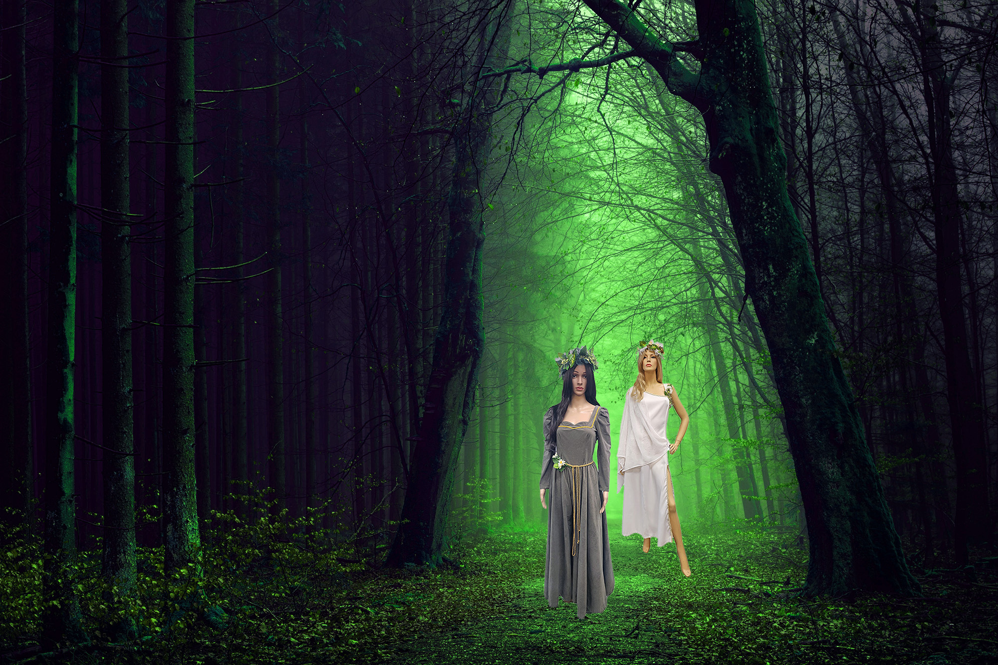 Image shows a forest scene with two Midsummer Night's dream costumes