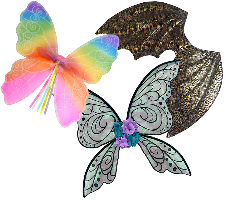 Image is of a selection of costume wings, it shows Dragon wings, and good or bad fairy wings