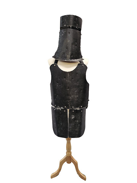 Image shows a mannequin wearing Ned Kelly style, Australian bushranger armour.